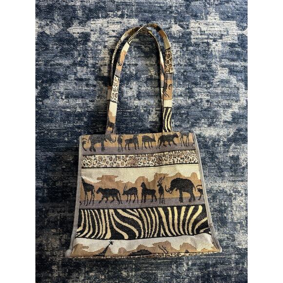 Jade Vintage Safari Tapestry Bag Purse Tote Gown Black Animas w/ Coin Purse EUC - Picture 1 of 11